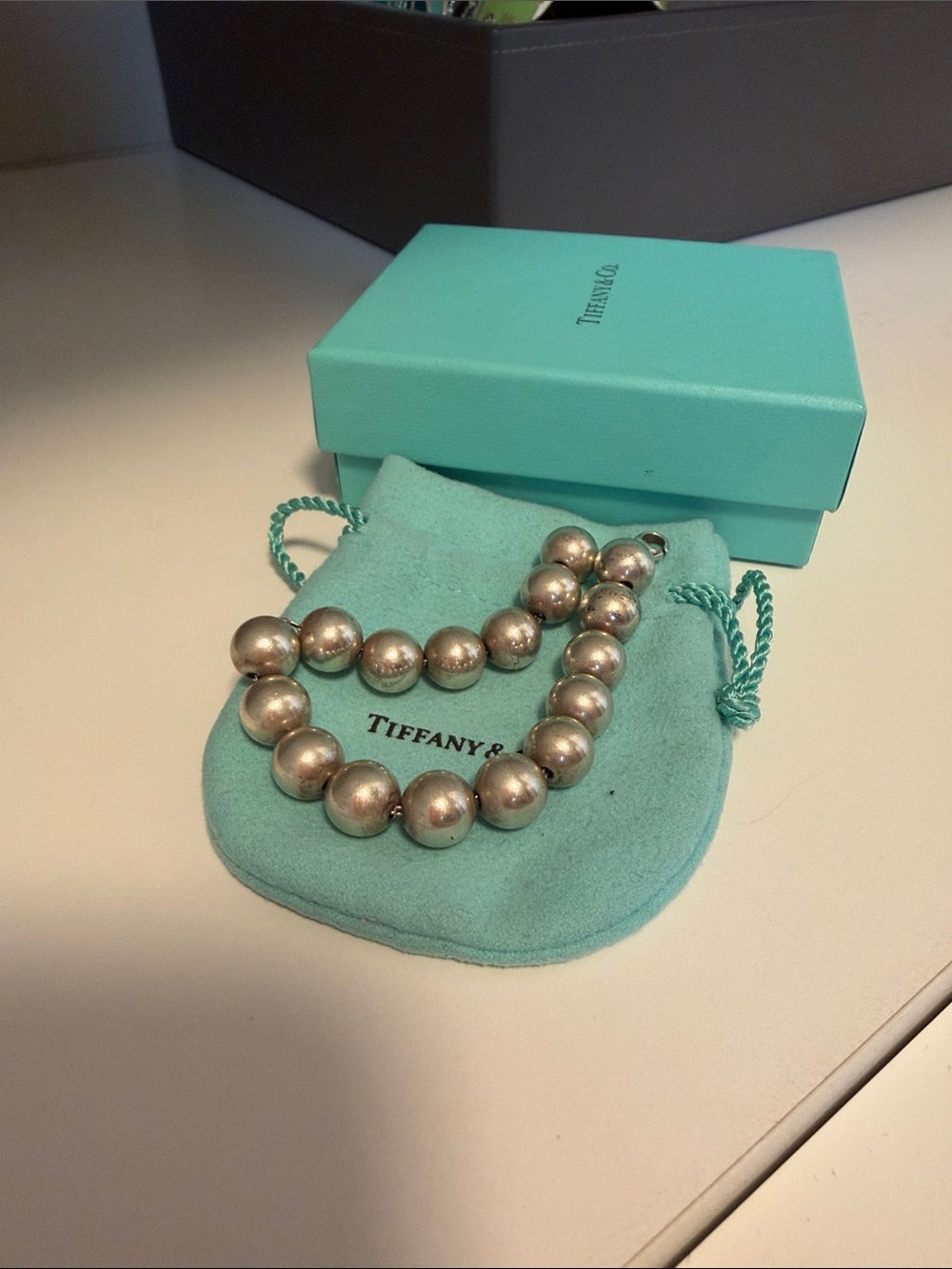 Tiffany & Co. Sterling Silver Bead Bracelet with Tiffany Blue Pouch